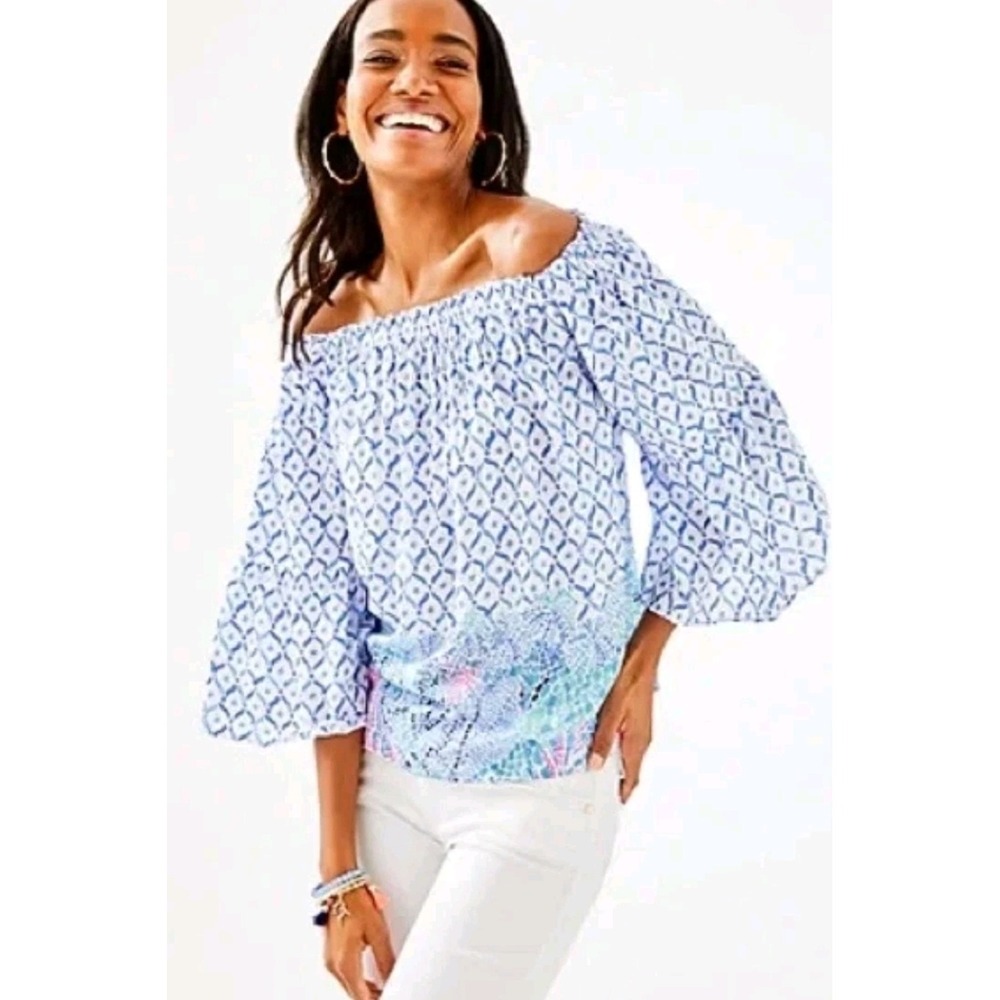 Lilly Pulitzer Whimsical Festival Bell Sleeve Coral Print Top Resortwear Chic S